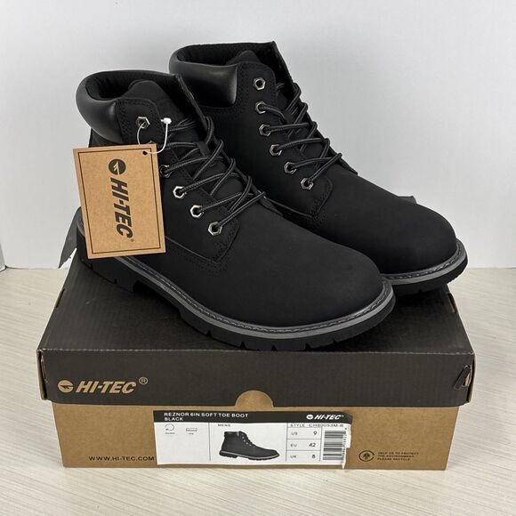 Hi-Tec Reznor 6" Soft Toe Black Work Boots Mens Size 9 New In Box - Picture 1 of 7